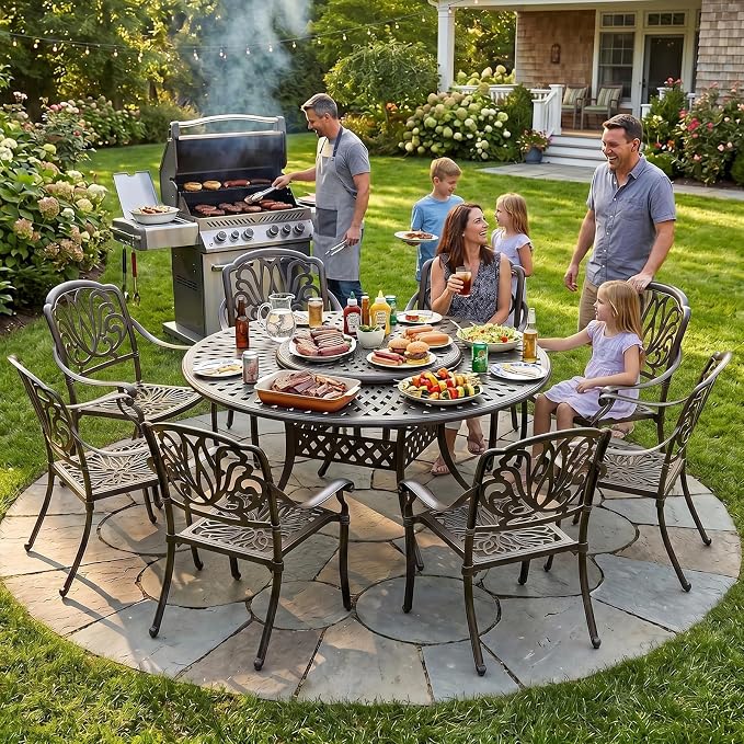 MEETWARM 9-Piece Outdoor Furniture Dining Set, All Weather Cast Aluminum Patio Garden Set- 8 Chairs, 61" Round Patio Dining Table with Detachable Lazy Susan, 2" Umbrella Hole,Dark Bronze