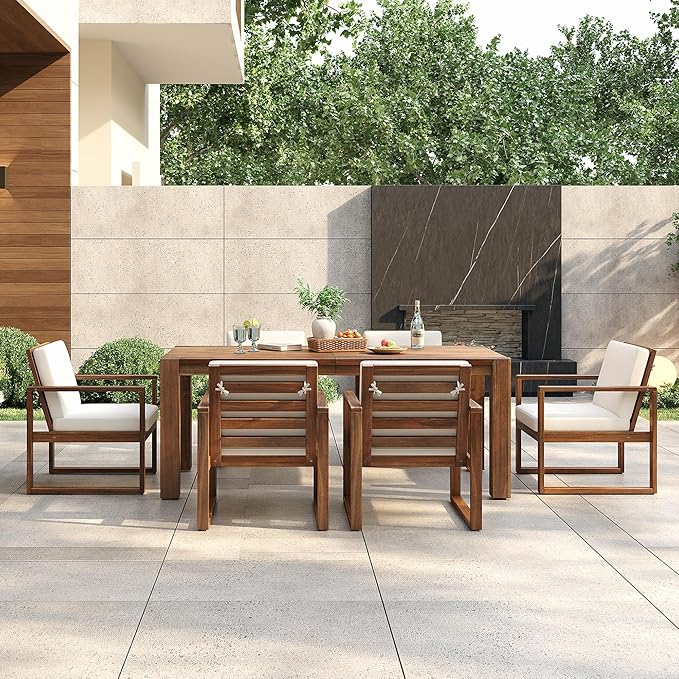 7 Piece Patio Dining Table Set with Umbrella Hole, Outdoor Acacia Wood Furniture Set with Removable Cushion for Garden, Backyard, Lawn, Poolside (Beige,Mocha)