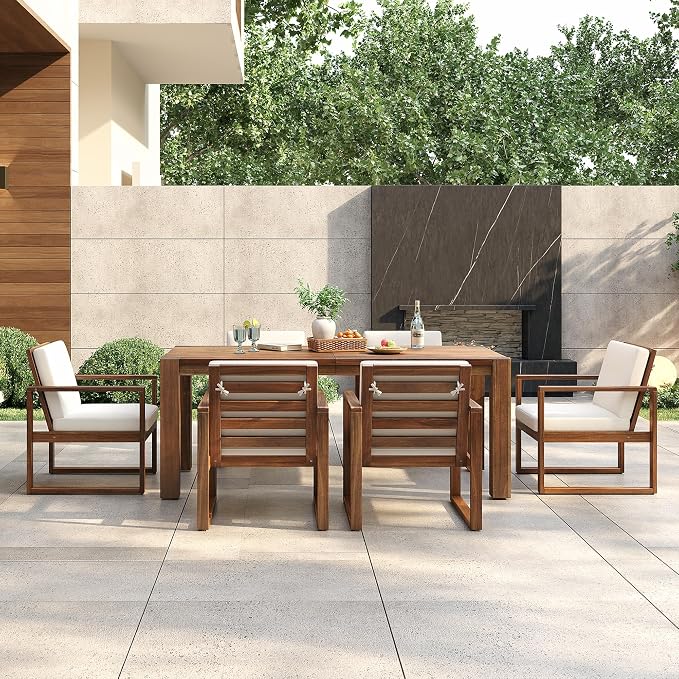 Merax Outdoor Patio Dining Table Set, 7-Piece Outdoor Dining Table Sets with Umbrella Hole Cut-Out Table and 6 Chairs with Removable Cushion, Acacia Wood Dining Sets Outdoor Furniture Set, Mocha