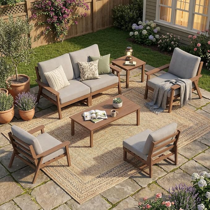 LOUNZY HDPE Outdoor Furinture Set,7 Piece Sectional Sofa Patio Furniture Set, All Weather Outdoor Couch Set Patio Furniture Set for Deck, Lawn, Brown