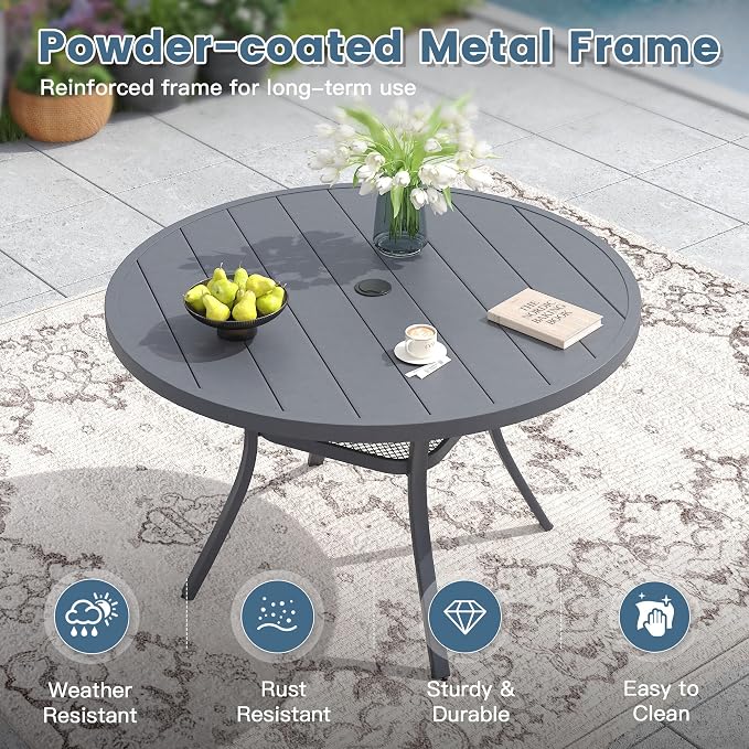 DIFY 5 Pieces Outdoor Dining Set for 4, 47.2" Round Dining Table with Umbrella Hole & Wicker Swivel Patio Chairs with Cushions, Metal Patio Table and Chairs Set for Backyard Porch Garden, Grey