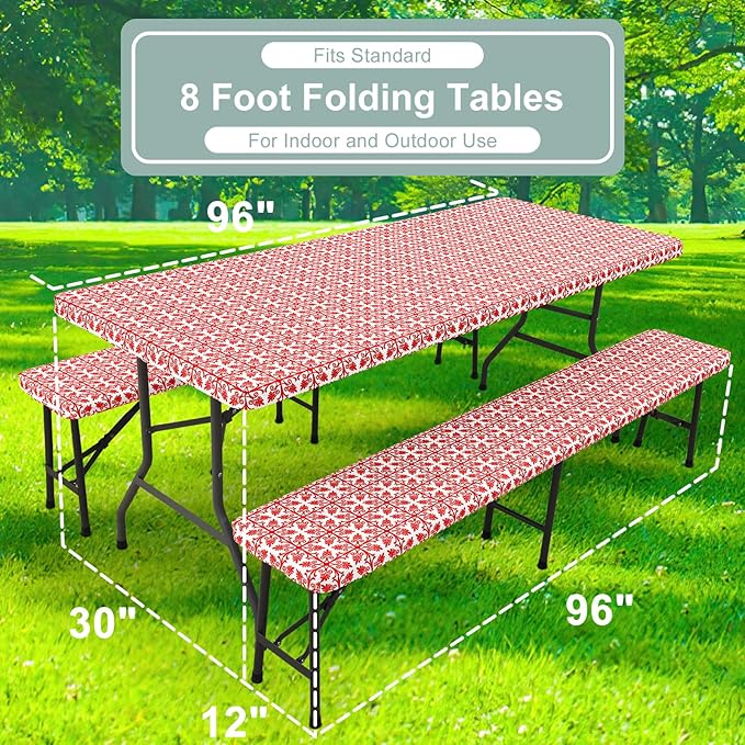 misaya Picnic Table Cover with Bench Cover, Waterproof Elastic Fitted Tablecloth for 8 Foot Tables, Rectangle Washable Polyester Tablecloths for Picnic, Camping, Outdoor (Red, 30" x 96")