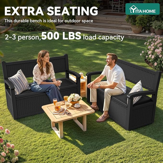 YITAHOME 80 Gallon Storage Bench Deck Box, Lockable Patio Bench with Hidden Storage, Waterproof Outdoor Pool Deck Storage for Patio Cushions, Garden Tools and Pool Supplies, Black