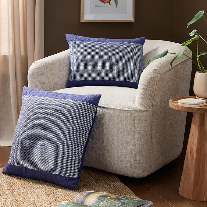 TOWN & COUNTRY TERRA Alara Solid Border Handcrafted Indoor Outdoor Decorative Pillow, 100% Recycled Materials, UV Fade Resistant, Water Repellent, Blue/Ivory, 20"x20"