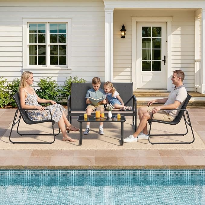 Gizoon 4 Piece Patio Furniture Set, Outdoor Patio Furniture with Loveseat and 2 Single Chairs, Bistro Table and Chairs Set for Backyard, Balcony, Lawn,Black