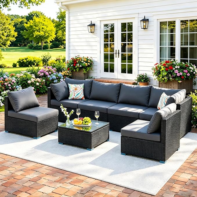 7 Piece Outdoor Sectional Outdoor Patio Furniture Set, Outdoor Patio Furniture Set with Coffee Table, Sectional Couch Sofa with Cushions, Wicker Outdoor Conversation Set for Backyard & Garden, Beige