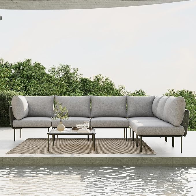 7 Piece Modern Outdoor Rope Wicker Sectional Patio L-Shaped Conversation Sofa Set Deep Seating with Thick Cushions