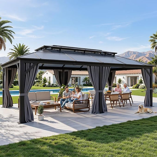 YITAHOME 12x20FT Gazebo Polycarbonate Hardtop Double Roof Canopy Outdoor with Netting and Shaded Curtains, Metal Frame Garden Tent for Patio, Backyard, Deck and Lawns, Grey