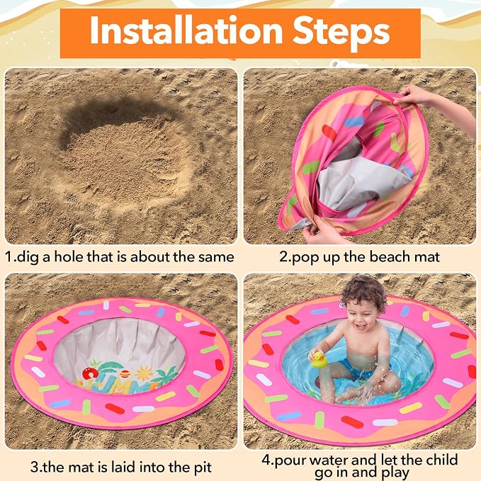 Hungdao Pop up Baby Beach Pool Portable Toddler Paddling Pool Cute Shape Beach Pit with Water Bag and Storage Bag for Infant Kids Boys and Girls Outdoor Summer Camping Traveling Vacation(Donut)
