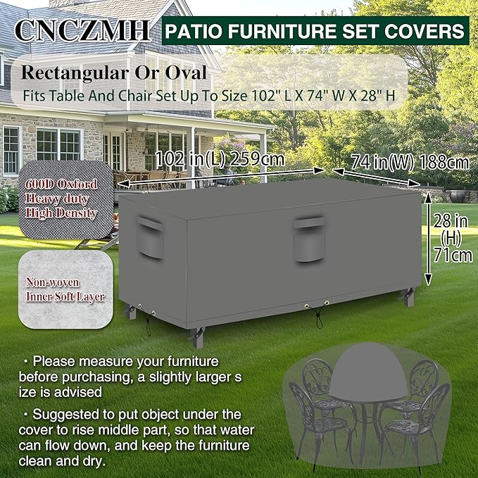 Heavy Duty Patio Furniture Covers Waterproof, 600D Outdoor Furniture Cover Waterproof for Sectional Sofa Couch, Outdoor Dining Table and Chair Set Covers 102''L x 74''W x 28''H, Grey