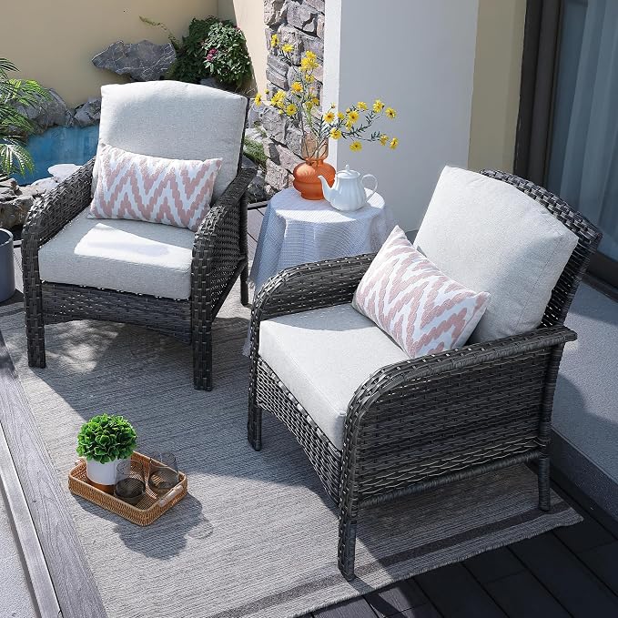 ovios 2-Piece Patio Furniture Set, Outdoor Wicker Sofa with Chairs, High Back Rattan Chair with Comfy Cushions for Porch Yard Deck, Grey
