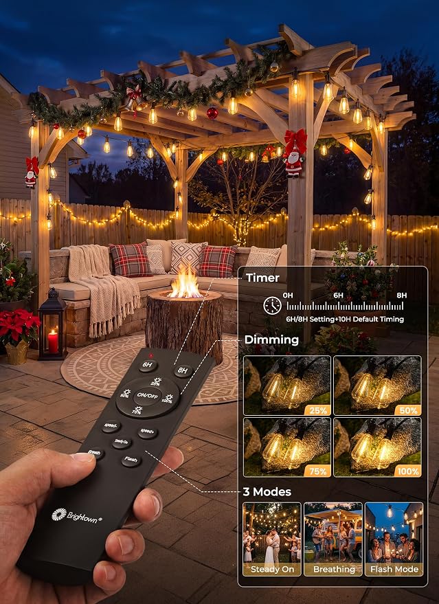 Brightown 52FT Solar String Lights Outdoor Waterproof, 26Hrs Runtime | 15+1 LED Bulbs, USB & Solar Powered, Remote Control & Dimmable Timer, Ideal for Backyard, Garden, Camping & Party Decor