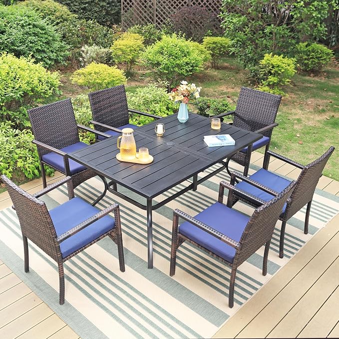 Sophia & William 8 Pieces Patio Dining Set with 13 Ft Beige Double-Sided Twin Umbrella, Outdoor Rattan Chairs & Metal Table Set with Cushions and 1.57" Umbrella Hole for Backyard Porch Poolside