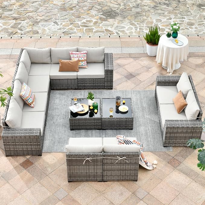 HOOOWOOO Outdoor Patio Sectional Furniture Sofa Set with Widened Armrest,12 Piece Large Modern Wicker Couch,Modular L Shaped Conversation Seating Set with Table for Out Door Garden Corner(Beige Tan)