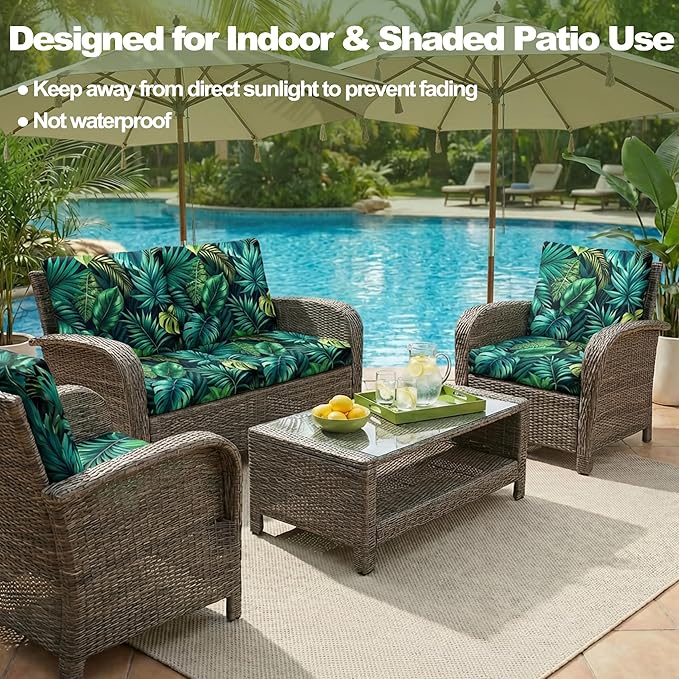 CALBODE 14 Pcs Stretch Outdoor Seat Cushion Covers, Washable Chair Seat Cover for Patio Furniture Cushions Soft Indoor and Outdoor Couch Cover Replacement (Green Tropical Leaves, Cover Only)