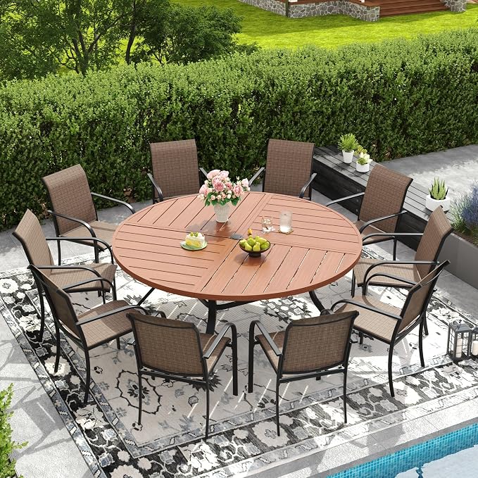 DIFY 11 Pieces Outdoor Patio Dining Set for 10, 63" Walnut Round Metal Patio Table and 10 Brown Stackable Textilene Patio Chairs, Outdoor Table and Chairs for Backyard Garden Poolside