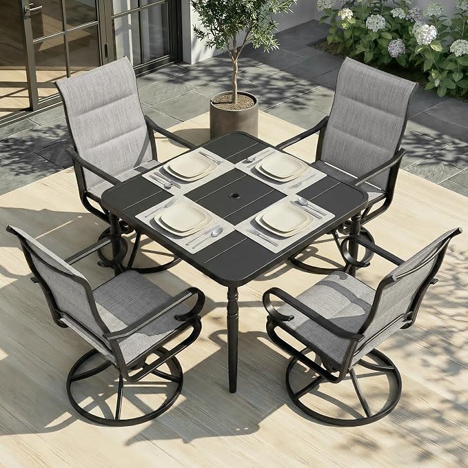 NUU GARDEN Outdoor Dining Set with Umbrella Hole, 5-Piece Patio Furniture Set with Slatted Table and 4 Swivel Padded Textilene Chairs, All-Weather Patio Dining Set, Light Gray