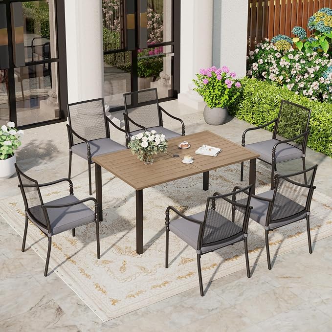SUNSHINE VALLEY Patio Table and Chairs Set of 6, All-Weather Breathable Metal Mesh Patio Chair with Gourd-Shaped Armrests, 60x38 Wood-Like Table with Umbrella Hole, 7 Pcs Metal Frame Patio Dining Set