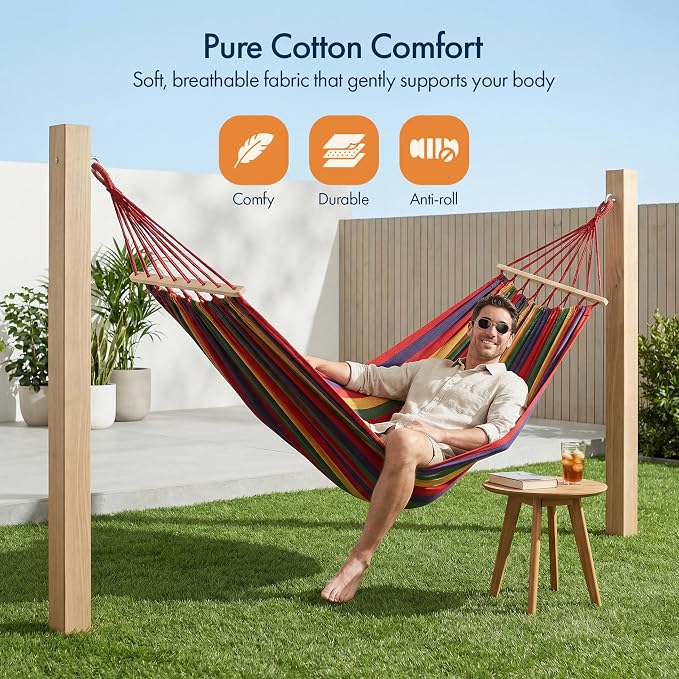 Gardenised Multicolor Striped Fabric Hammock with Wood Spreader Bars Portable Outdoor Hanging Design with Carry Bag S-Hooks and Ropes for Garden Backyard Patio Camping & Travel Use