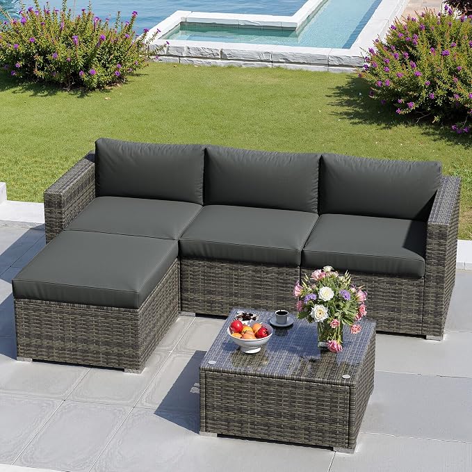 5 Pieces Outdoor Patio Furniture Set, Patio Sectional Furniture Set, All-Weather Wicker Rattan Patio Conversation Set with Washable Thick Cushions and Coffee Table, Outdoor Patio Sofa Couch Set, Grey