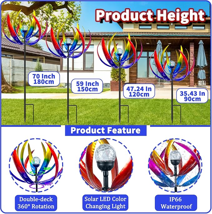 70 in Large Wind Spinners Outdoor, Solar Wind Sculpture, Violet Blue | Metal Windmill with Solar Multi-Color Light, All Weather Decor , Ideal Yard Art for Garden, Backyard, Lawn & Outdoor Decor