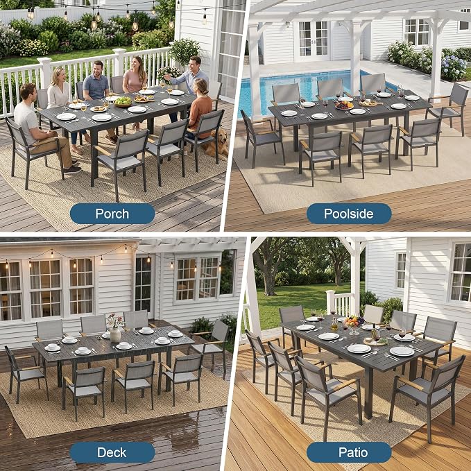 Wisteria Lane Aluminum Outdoor Patio Table and Chairs Set with 91.7" L-62 L Expandable Dining Table, 9-Pieces Outdoor Dining Set for 8, Patio Furniture Set with Stackable Quick Drying Chairs, Grey