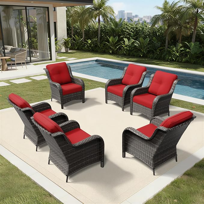 Joyside 6 Piece Wicker Patio Furniture Set, Rattan Patio Chairs with High Back, Deep Seating, Wide Armrest, Thickened Cushions, Outdoor Furniture for Deck, Porch Use