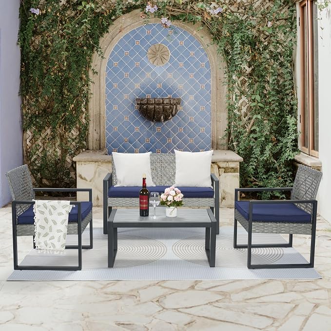 4 Piece Patio Furniture Set, Wicker Rattan Outdoor Furniture with Cushion, Patio Conversation Sets with Chairs Loveseat and Coffee Table for Outdoor, Porch, Yard, Poolside, Balcony, Lawn (Light Gray)