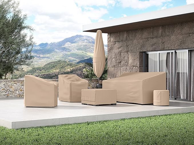 Covermates Ultima Outdoor Chair Cover – Heavy-Duty 600D Polyester Patio Protection, Weather-Resistant, Drawcord Hem, Mesh Vents, Fits Garden & Deck Chairs, 22W x 22D x 36H - Set of 2, Ripstop Tan