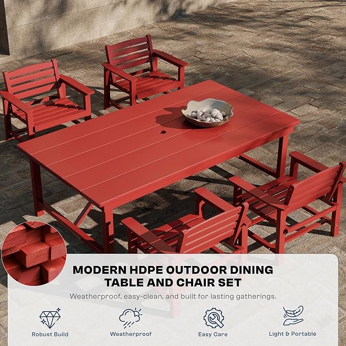 Outdoor HDPE Dining Set 7 Pieces, Patio Table with Umbrella Hole and 6 Chairs, All Weather Patio Furniture for Lawn, Garden, Backyard, Deck, Poolside, Outdoor Dining Table and Chairs, Red