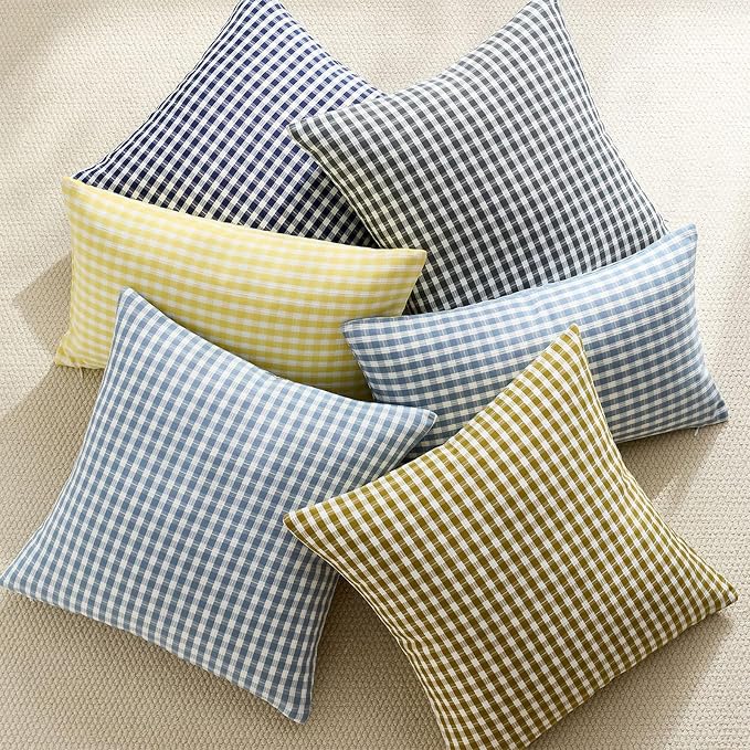 Plaid Outdoor Throw Pillow Covers 18x18 Set of 2, Waterproof Gingham Couch Pillow Cases, Farmhouse Boho Cushion Covers for Sofa Patio Summer Garden, Olive Yellow