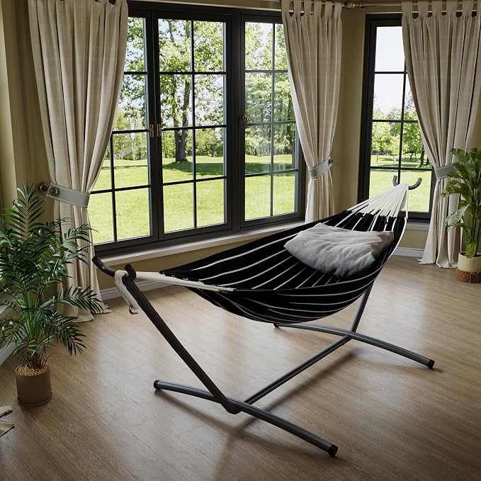 Garvee Double Hammock with Foldable Steel Stand and Carry Bag – Indoor/Outdoor Standing Hammock, 450 LBS Capacity, for Garden, Camping, Beach (Onyx)