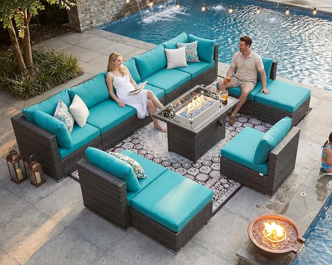 NICESOUL 11 Piece Outdoor Furniture Sets with Natural Gas/Propane Firepit, XXL 10-Seats Patio Sectional, 29.3'' High-Back Backyard Seating, All-Weather Wicker Couch Set for Outside, Deck, Grey & Teal