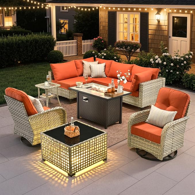 9 Pieces Outdoor Sectional Patio Furniture Set with 42" Fire Pit, Conversation Sets Rattan Wicker L Shaped Couch Swivel Rocking Chairs for Porch Balcony Backyard, Coarse Stripes Red
