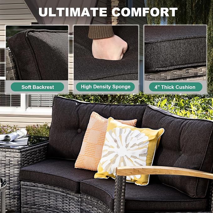 MEISSALIVVE 9-Piece Half-Moon Curved Outdoor Patio Furniture Set, Sectional Conversation Sofa with Wood Armrests, Coffee & Side Tables for Backyard Deck Garden, Black