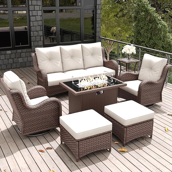LayinSun 7 Pieces Outdoor Patio Furniture Set with Fire Pit Table, Rattan Wicker Sectional Swivel Rocker Chairs Sets with Ottomans, Swivel Glider Chairs and Coffee Table