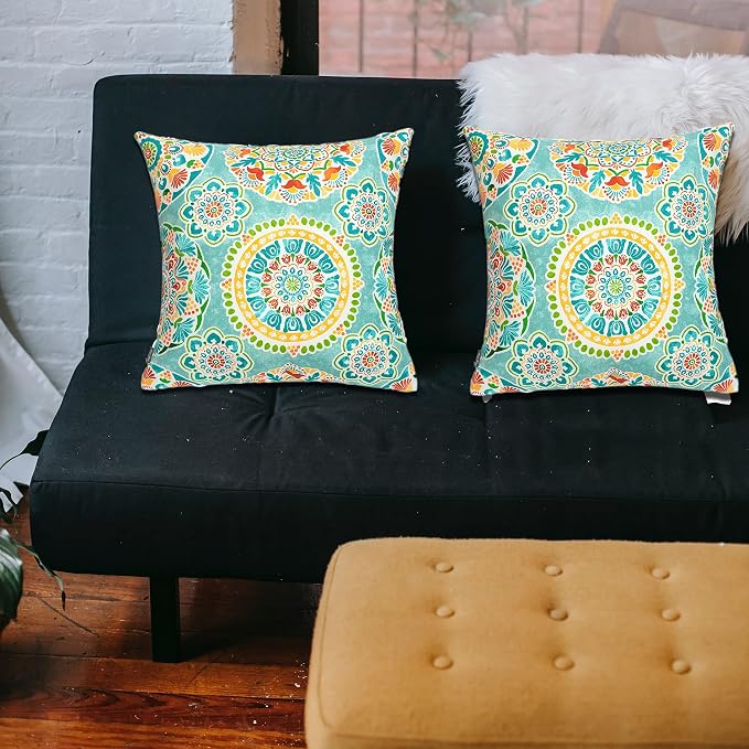FUNHOME Outdoor Throw Pillows with Insert 18x18 Inch Pack of 2-Cyan Circle | Decorative Throw Pillows with Inserts, Water-Repellent, Square Pillows for Bed, Couch, Sofa and Patio Furniture