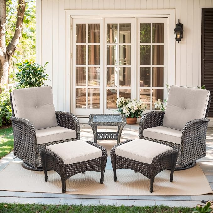 Outdoor Swivel Glider Rocker Chairs Set- 5 Piece Patio Furniture Set, Patio Bistro Sets with Tempered Glass Side Table and 2 Ottoman, for Balcony, Porch - Brown Wicker, Beige Cushion