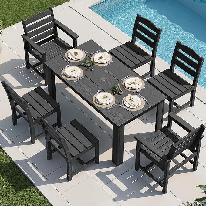 SERWALL Outdoor Dining Sets for 6, HDPE Dining Sets with 1 Umbrella Hole Cut-Out Rectangular Table and 4 Armless Chairs and 2 Armchairs, Patio Dining Sets, Black