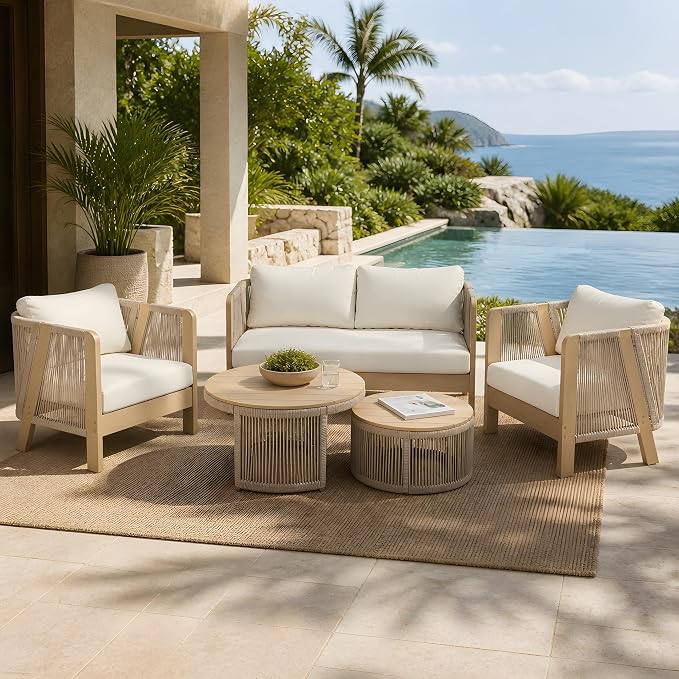 Christopher Knight Home Dalba 4-Seater Patio Furniture Set with Removable Cushion, 5 Piece Outdoor Acacia Wood Conversation Set, Wooden Outdoor Sectional Sofa Set, Beige+Light Teak