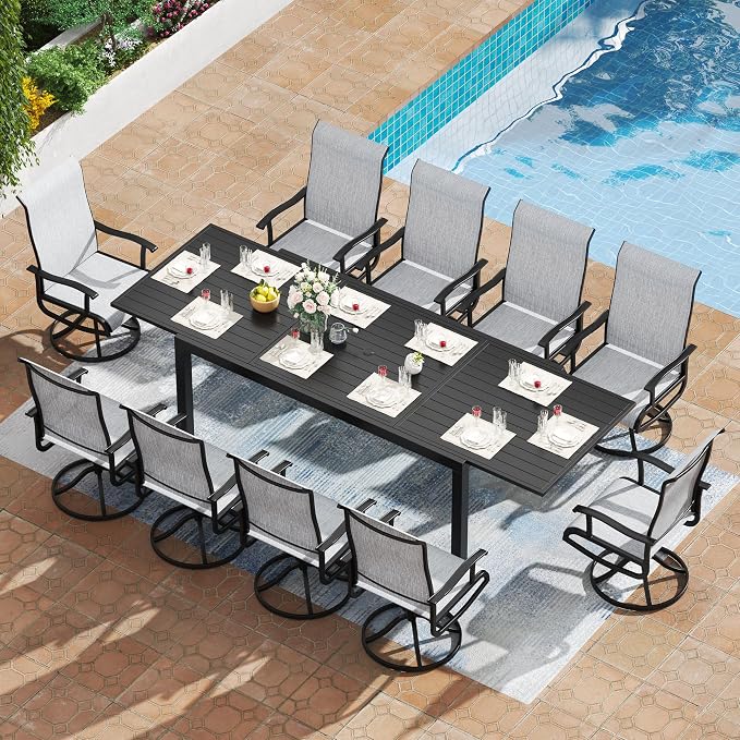 PIZZELLO 11 Pieces Patio Dining Set, 106" Extendable Aluminum Patio Dining Table w/ 10Pcs Textilene Swivel Patio Chairs, All-Weather Outdoor Table and Chairs Sets for Backyard, Garden and Deck