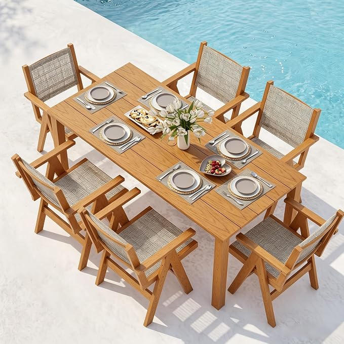 Outdoor Dining Table Set, 7 Piece HDPE Patio Set with Aluminum Dining Table & 6 Textilene Chairs, 69" Outdoor Table with Umbrella Hole for Garden, Deck, Lawn, Teak