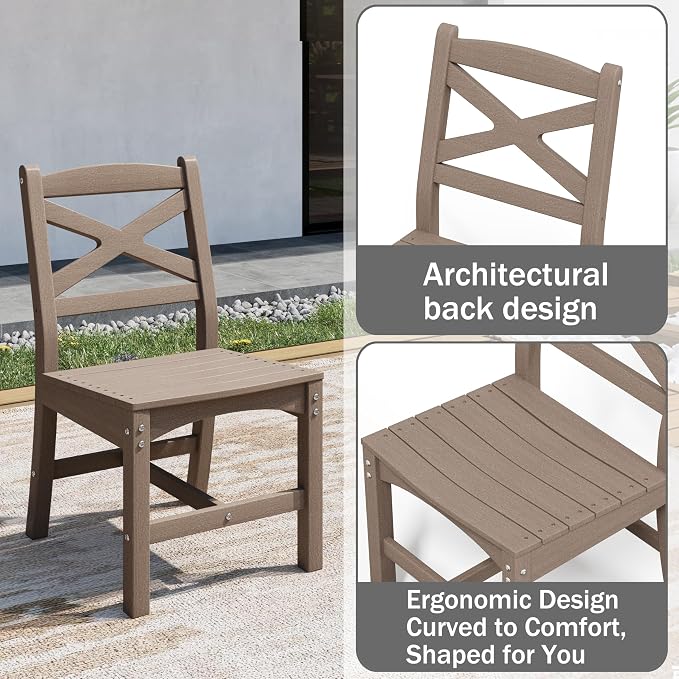 Outdoor Armless Dining Chairs Set of 4,HDPE Patio Chairs with Wide Seat,All-Weather HDPE Patio Armless Chairs for Porch, Backyard, Deck, White Brown, Table not Included