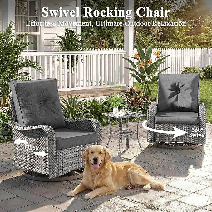 3 Piece Patio Furniture Set with Swivel Rocking Chairs, Outdoor Wicker Conversation Set with 4" Cushions, Glass Side Table, PE Rattan and Rust-Resistant Frame, Black
