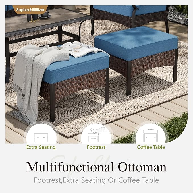 Sophia & William Patio Furniture Set with 56" Fire Pit Table, Metal Outdoor Conversation Set Patio Sectional with 3-Seater Sofas, 2 Rocking Chairs, 2 Ottomans, 1 Firepit Table for Porch Deck, Navy