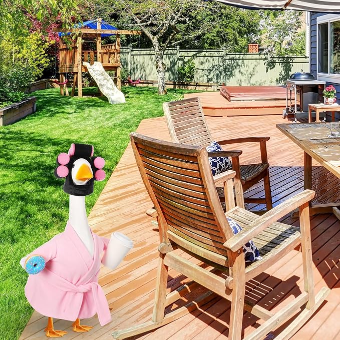 Shyyween Lady Porch Goose Outfits for 23'' Cement Plastic Geese Summer Statue Clothes Pink Bathrobe Coffee Cup Curlers for Outdoor Garden Lawn Yard Patio Decoration