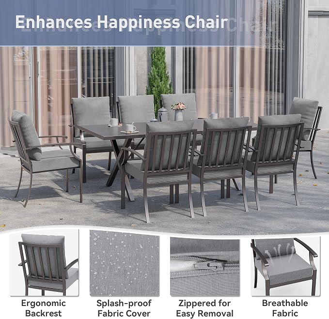 Kurapika 9 Pieces Patio Dining Set Outdoor Furniture with 8 Fixed Chairs, Metal Patio Furniture Set 8 Chairs and Large Table with Umbrella Cutout for Yard Porch, Grey