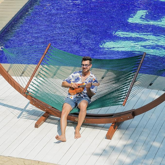 Lazy Daze Hammocks 10.5 FT Double 2 Person Caribbean Rope Hammock, Hand Woven Polyester Hammock with Spreader Bars, for Outside Outdoor Backyard Patio Poolside, 450 LBS Capacity, Green