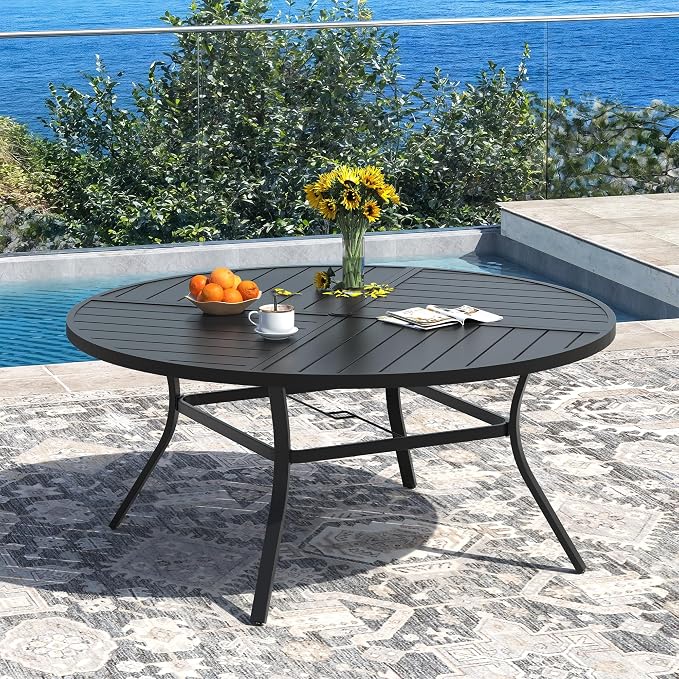 DIFY Patio Table and Chairs Set for 8, 9 Piece Outdoor Dining Set, 59.8" Black Round Metal Dining Table with Umbrella Hole and 8 Dark Grey Textilene Swivel Patio Chairs, for Garden Backyard Deck