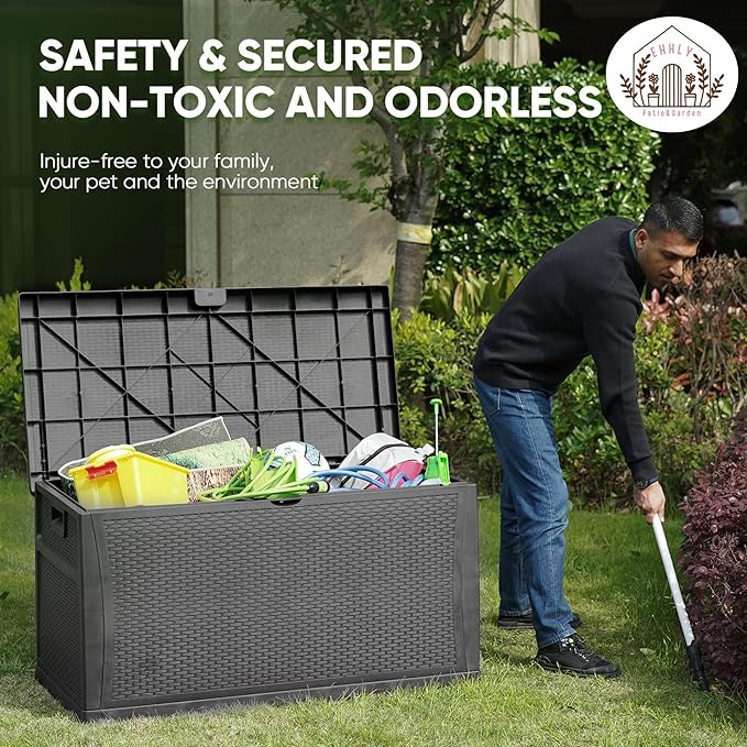 EHHLY 121 Gallon Outdoor Storage Box Large, Lockable Outside Storage Containers Waterproof Patio Cushions Deck Boxes, Rattan Plastic Garden Hose Boxes Resin Pool Storage Bins, Grey